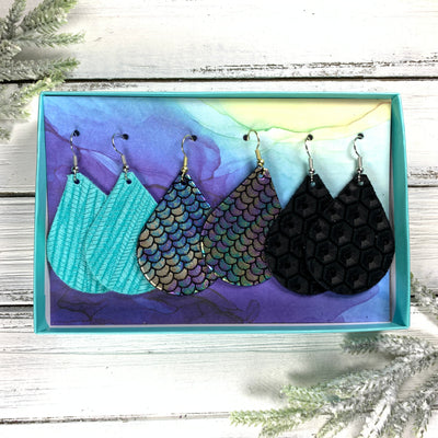 3pk  *ORIGINAL* ZOEY GIFT BOX! Leather Earrings <br> AQUA PALMS, <br> METALLIC ANTIQUE MERMAID, <BR> BLACK HONEYCOMBS