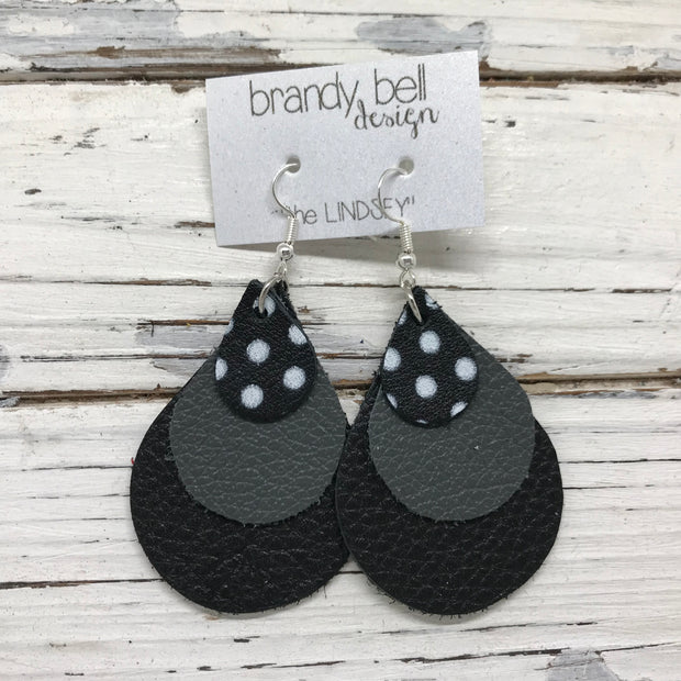 LINDSEY - Leather Earrings  ||   BLACK WITH WHITE POLKADOTS, MATTE DARK GRAY, MATTE BLACK