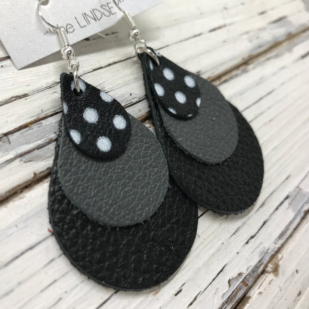 LINDSEY - Leather Earrings  ||   BLACK WITH WHITE POLKADOTS, MATTE DARK GRAY, MATTE BLACK