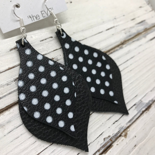 EVE - Leather Earrings  || BLACK WITH WHITE POLKADOTS, MATTE BLACK