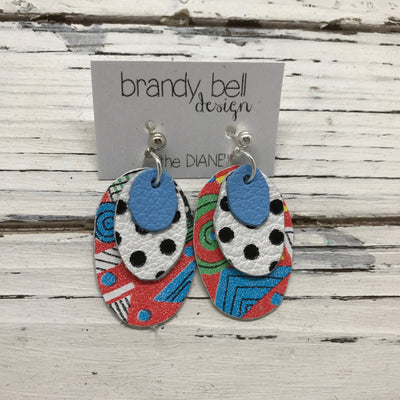 DIANE - Leather Earrings  ||   MATTE CAROLINA BLUE, WHITE WITH BLACK POLKA DOTS, RED TRIBAL PATTERN