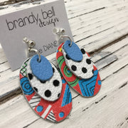 DIANE - Leather Earrings  ||   MATTE CAROLINA BLUE, WHITE WITH BLACK POLKA DOTS, RED TRIBAL PATTERN