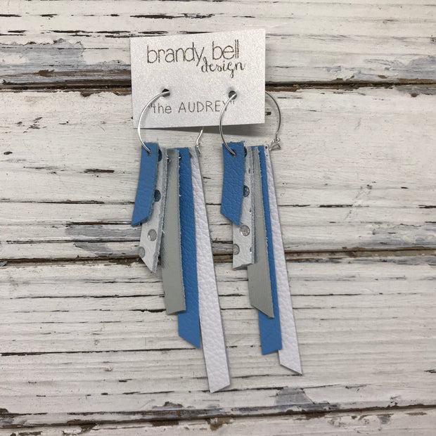 AUDREY - Leather Earrings  ||   CAROLINA BLUE, WHITE WITH SILVER POLKADOTS, METALLIC SILVER, CAROLINA BLUE, MATTE WHITE