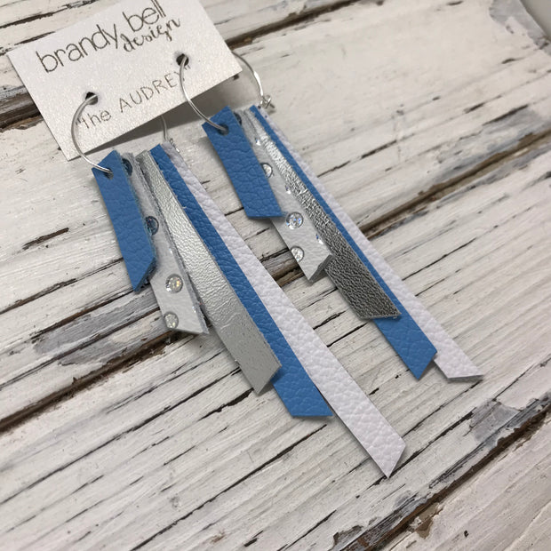 AUDREY - Leather Earrings  ||   CAROLINA BLUE, WHITE WITH SILVER POLKADOTS, METALLIC SILVER, CAROLINA BLUE, MATTE WHITE