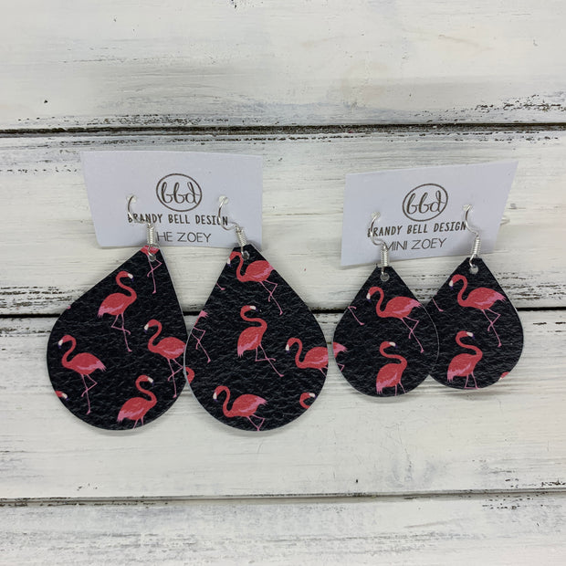 ZOEY (3 sizes available!) -  Leather Earrings  ||   PINK FLAMINGOS ON BLACK