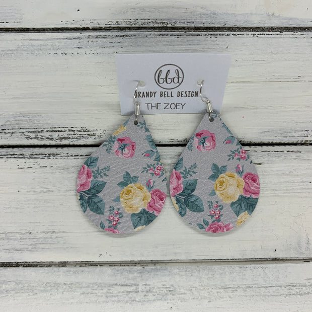 ZOEY (3 sizes available!) -  Leather Earrings  ||   PINK FLORAL ON GRAY