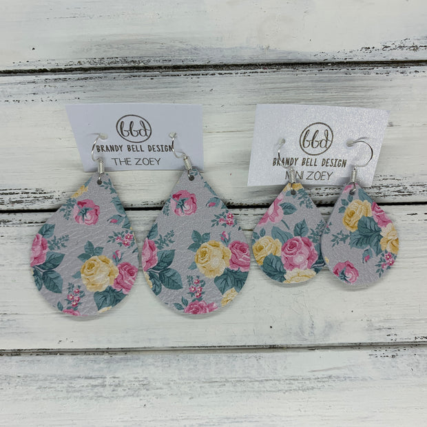 ZOEY (3 sizes available!) -  Leather Earrings  ||   PINK FLORAL ON GRAY