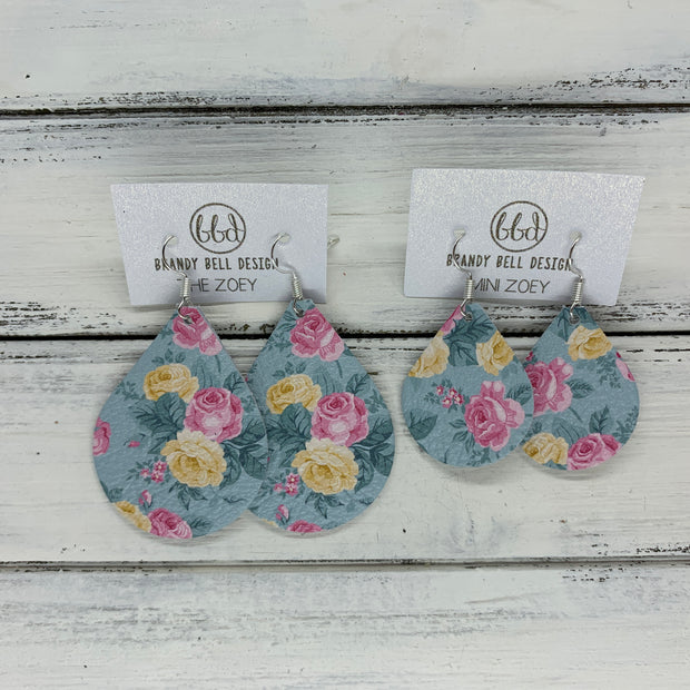 ZOEY (3 sizes available!) -  Leather Earrings  ||   PINK & YELLOW FLORAL ON AQUA