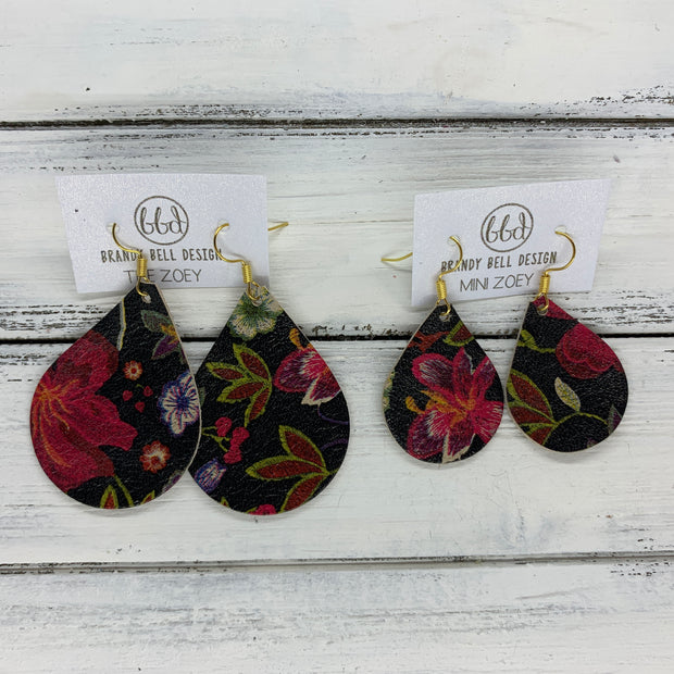 ZOEY (3 sizes available!) -  Leather Earrings  ||   GOTHIC FLORAL ON BLACK