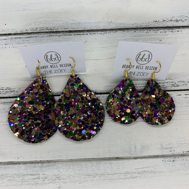 ZOEY (3 sizes available!) -  Leather Earrings  ||   MARDI GRAS (GLITTER FAUX LEATHER)