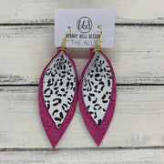 ALLIE -  Leather Earrings  ||  <BR> BLACK & WHITE CHEETAH PRINT, <BR> HOT PINK BRAIDED WEAVE