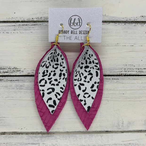 ALLIE -  Leather Earrings  ||  <BR> BLACK & WHITE CHEETAH PRINT, <BR> HOT PINK BRAIDED WEAVE