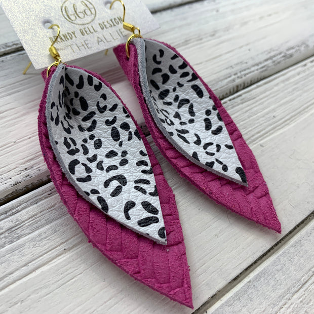 ALLIE -  Leather Earrings  ||  <BR> BLACK & WHITE CHEETAH PRINT, <BR> HOT PINK BRAIDED WEAVE