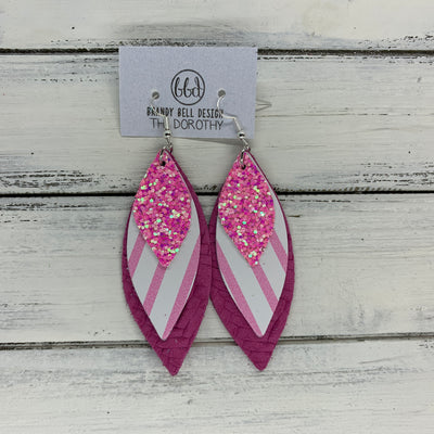 DOROTHY - Leather Earrings  ||  <BR> BUBBLE GUM PINK GLITTER (FAUX LEATHER),   <BR> PINK & WHITE STRIPE, <BR> HOT PINK PANAMA WEAVE