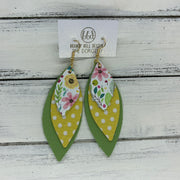 DOROTHY - Leather Earrings  ||  <BR> SPRING FLORAL ON WHITE,  <BR> YELLOW WITH WHITE POLKADOTS, <BR> MATTE SPRING GREEN