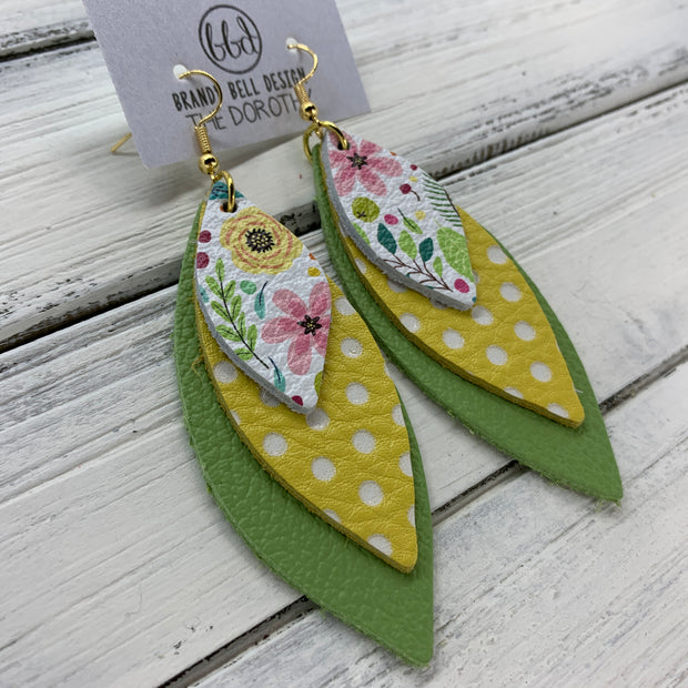 DOROTHY - Leather Earrings  ||  <BR> SPRING FLORAL ON WHITE,  <BR> YELLOW WITH WHITE POLKADOTS, <BR> MATTE SPRING GREEN