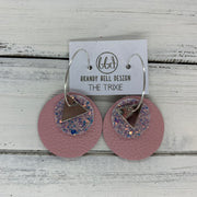 TRIXIE - Leather Earrings  ||    <BR> SILVER TRIANGLE, <BR> WILLOW GLITTER (FAUX LEATHER),  <BR> MATTE BABY PINK