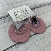 TRIXIE - Leather Earrings  ||    <BR> SILVER TRIANGLE, <BR> WILLOW GLITTER (FAUX LEATHER),  <BR> MATTE BABY PINK