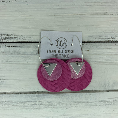 TRIXIE - Leather Earrings  ||    <BR> SILVER TRIANGLE, <BR> SHIMMER PINK,  <BR> HOT PINK PANAMA WEAVE