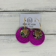 TRIXIE - Leather Earrings  ||    <BR> GOLD TRIANGLE, <BR> MARDI GRAS GLITTER (FAUX LEATHER),  <BR> METALLIC NEON PINK PEBBLED