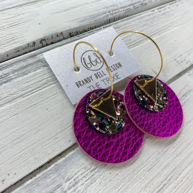 TRIXIE - Leather Earrings  ||    <BR> GOLD TRIANGLE, <BR> MARDI GRAS GLITTER (FAUX LEATHER),  <BR> METALLIC NEON PINK PEBBLED