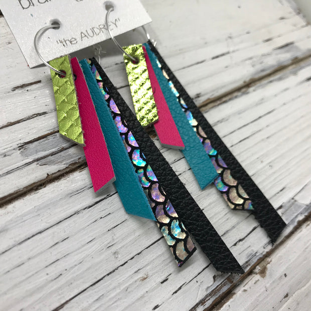 AUDREY - Leather Earrings  ||  METALLIC LIME COBRA, NEON PINK, MATTE TEAL, ANTIQUE MERMAID, MATTE BLACK