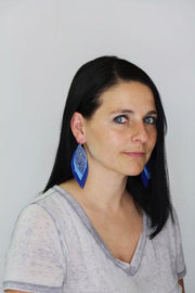 INDIA - Leather Earrings   ||  <BR>  PEWTER GLITTER (FAUX LEATHER),  <BR> WHITE FLORAL ON NAVY,  <BR> PEARLIZED OCHRE