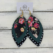 GINGER - Leather Earrings  ||  <BR>  PINK & YELLOW FLORAL ON BLACK, <BR> MATTE SPRUCE GREEN, <BR> BLACK & WHITE POLKADOTS