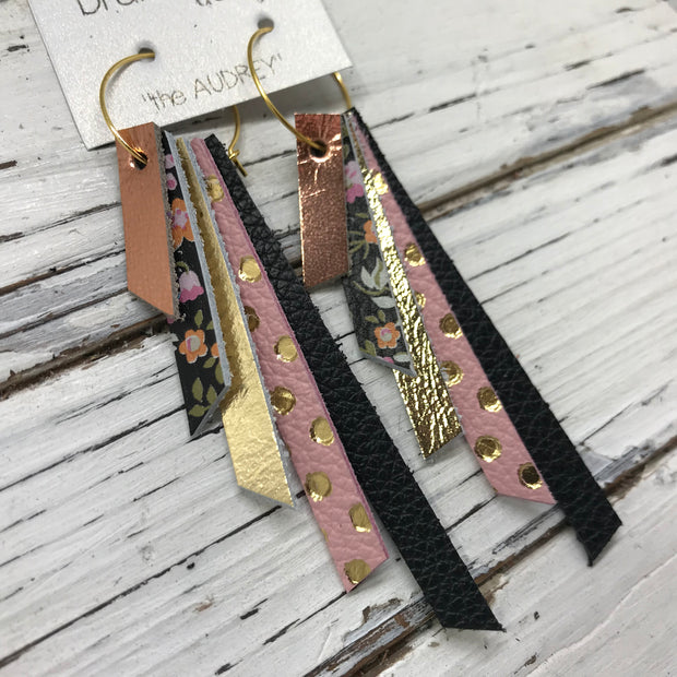 AUDREY - Leather Earrings  ||   METALLIC COPPER, MINI FLORAL ON BLACK, METALLIC GOLD, PINK WITH GOLD POLKADOTS, MATTE BLACK