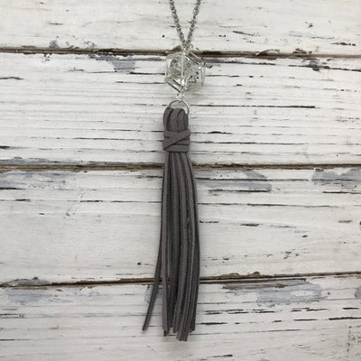 TASSEL NECKLACE - TIFFANIE   ||  DARK GRAY TASSEL WITH SILVER CAGE WITH GEM