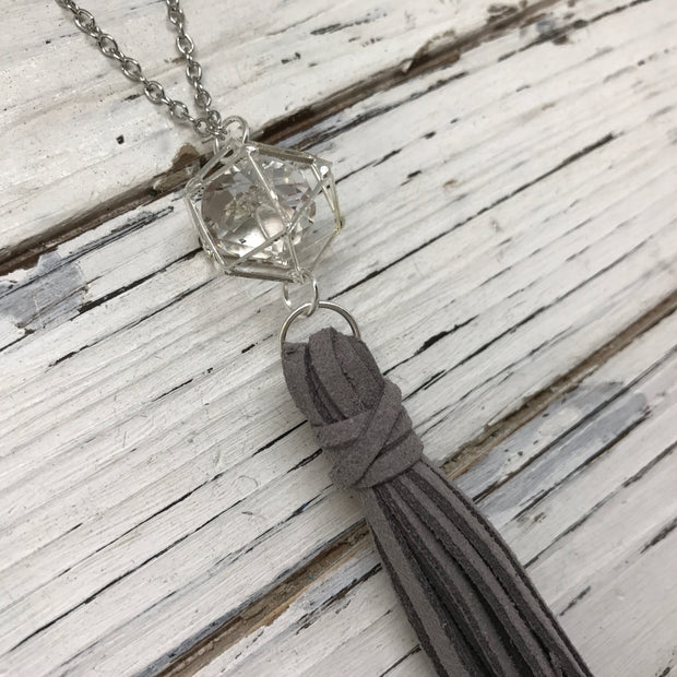 TASSEL NECKLACE - TIFFANIE   ||  DARK GRAY TASSEL WITH SILVER CAGE WITH GEM