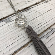 TASSEL NECKLACE - TIFFANIE   ||  DARK GRAY TASSEL WITH SILVER CAGE WITH GEM