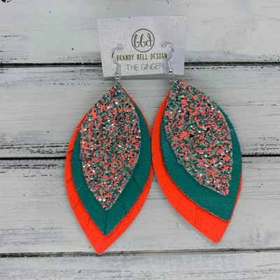 GINGER - Leather Earrings  ||  <BR>  MINT/CORAL GLITTER (NOT REAL LEATHER), <BR> PEARLIZED AQUA, <BR> MATTE NEON ORANGE