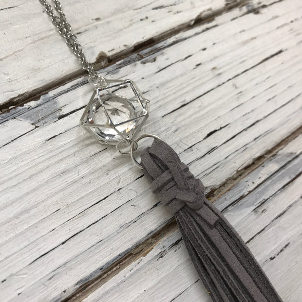 TASSEL NECKLACE - TIFFANIE   ||  DARK GRAY TASSEL WITH SILVER CAGE WITH GEM
