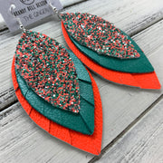 GINGER - Leather Earrings  ||  <BR>  MINT/CORAL GLITTER (NOT REAL LEATHER), <BR> PEARLIZED AQUA, <BR> MATTE NEON ORANGE