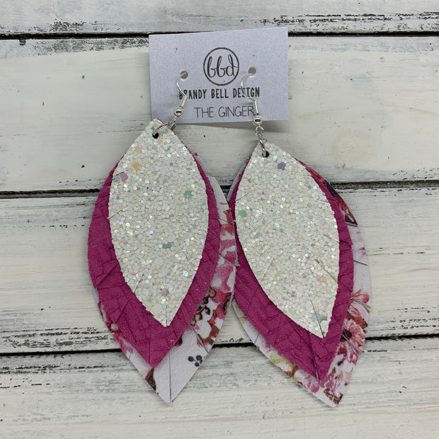 GINGER - Leather Earrings  ||  <BR>  IRIDESCENT WHITE GLITTER (NOT REAL LEATHER), <BR> PINK BRAIDED, <BR> PINK FLORAL