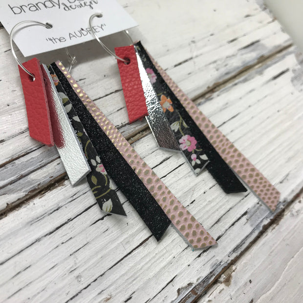 AUDREY - Leather Earrings  ||  CORAL/PINK, METALLIC SILVER, MINI FLORAL ON BLACK, SHIMMER BLACK, PINK WITH GOLD ACCENTS
