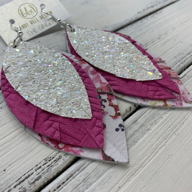 GINGER - Leather Earrings  ||  <BR>  IRIDESCENT WHITE GLITTER (NOT REAL LEATHER), <BR> PINK BRAIDED, <BR> PINK FLORAL