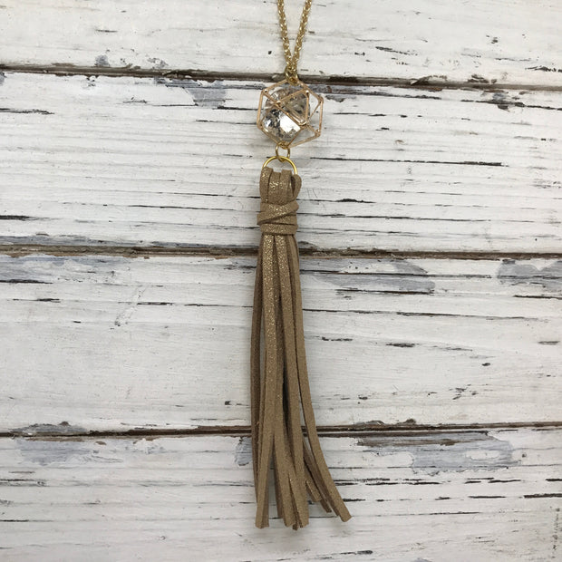 TASSEL NECKLACE - TIFFANIE    ||  SPARKLE GOLD WITH GOLD CAGE BEAD WITH CLEAR GEM