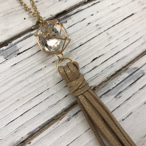 TASSEL NECKLACE - TIFFANIE    ||  SPARKLE GOLD WITH GOLD CAGE BEAD WITH CLEAR GEM