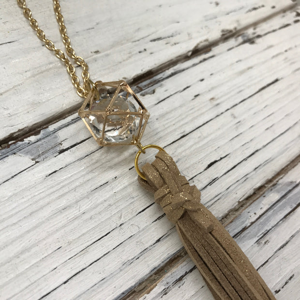 TASSEL NECKLACE - TIFFANIE    ||  SPARKLE GOLD WITH GOLD CAGE BEAD WITH CLEAR GEM