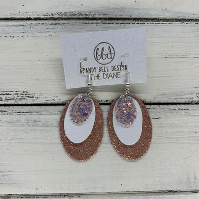 DIANE - Leather Earrings  ||    <BR> WILLOW GLITTER (NOT REAL LEATHER), <BR> MATTE WHITE, BR> SHIMMER VINTAGE PINK