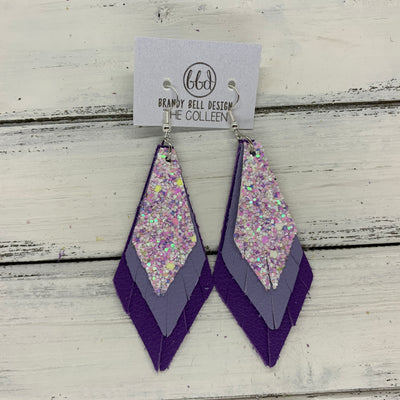 COLLEEN -  Leather Earrings  ||   FAIRY DUST GLITTER (FAUX LEATHER), <BR> MATTE LAVENDER, <BR> MATTE PURPLE