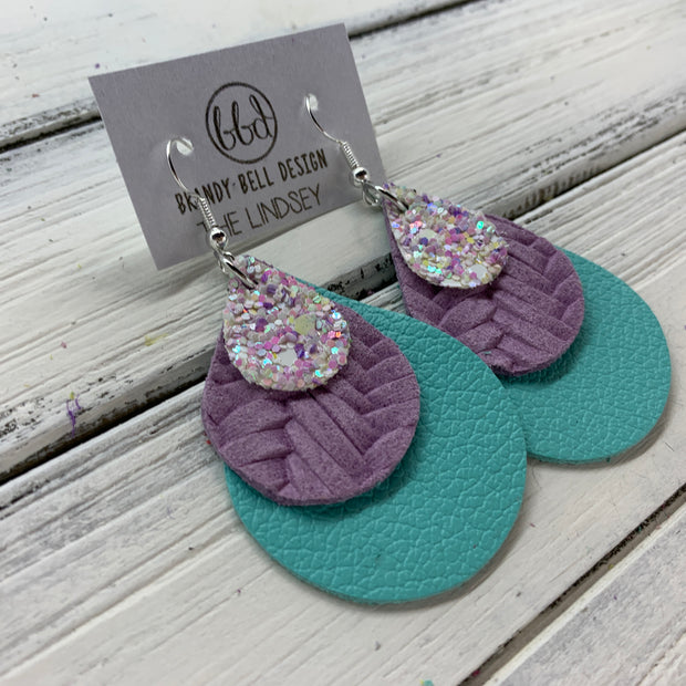 LINDSEY - Leather Earrings  ||   <BR>  FAIRY DUST GLITTER (FAUX LEATHER), <BR> LILAC BRAIDED ,  <BR> MATTE ROBINS EGG BLUE