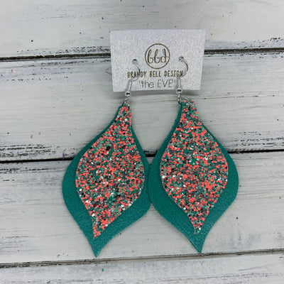 EVE - Leather Earrings  || <BR> MINT & CORAL GLITTER (NOT REAL LEATHER), <BR> PEARLIZED AQUA