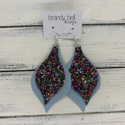 EVE - Leather Earrings  || <BR> TREASURE CHEST GLITTER (NOT REAL LEATHER), <BR> MATTE BABY BLUE