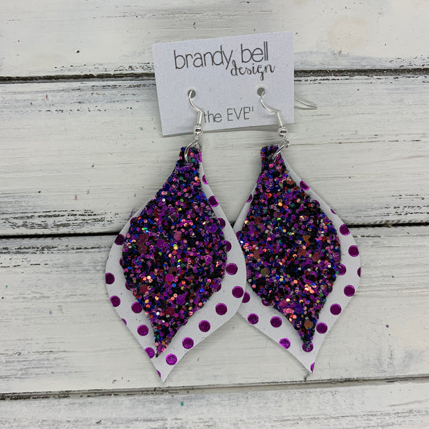 EVE - Leather Earrings  || <BR> THAT'S MY JAM GLITTER (NOT REAL LEATHER), <BR> METALLIC PURPLE POLKADOTS ON WHITE
