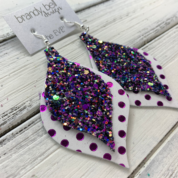 EVE - Leather Earrings  || <BR> THAT'S MY JAM GLITTER (NOT REAL LEATHER), <BR> METALLIC PURPLE POLKADOTS ON WHITE