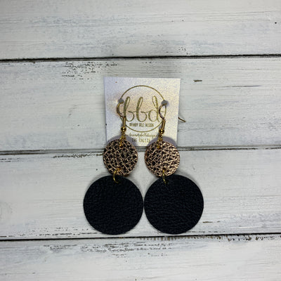 CALLIE -  Leather Earrings  ||  <BR> METALLIC ROSE GOLD PEBBLED, <BR> MATTE BLACK