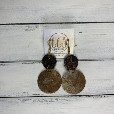 CALLIE -  Leather Earrings  ||  <BR> SHIMMER COPPER ON BLACK, <BR> DISTRESSED SILVER ON GOLD